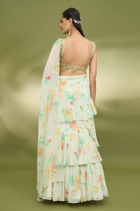 Shop Foram Patel Green Georgette, Net Mirrors, Printed Ruffle Pre-draped Saree With Blouse at Aza Fashions Shop_Foram Patel_Green Georgette, Net Mirrors, Printed Ruffle Pre-draped Saree With Blouse_at_Aza_Fashions