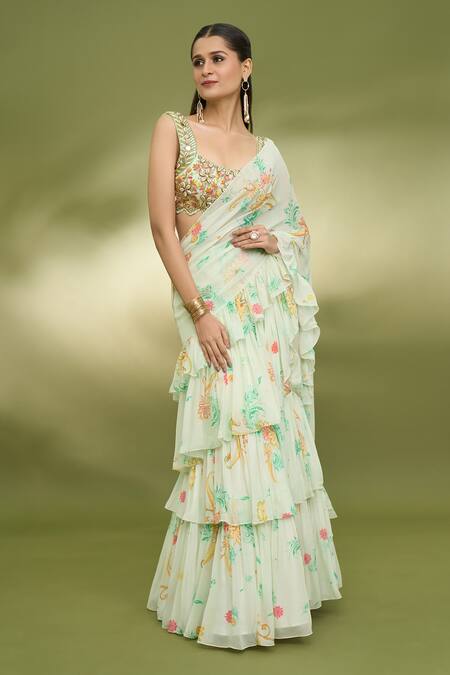 Foram Patel Green Georgette, Net Mirrors, Printed Ruffle Pre-draped Saree With Blouse Online at Aza Fashions Foram Patel_Green Georgette, Net Mirrors, Printed Ruffle Pre-draped Saree With Blouse_Online_at_Aza_Fashions