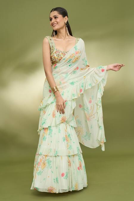 Buy Foram Patel Green Georgette, Net Mirrors, Printed Ruffle Pre-draped Saree With Blouse Online at Aza Fashions Buy_Foram Patel_Green Georgette, Net Mirrors, Printed Ruffle Pre-draped Saree With Blouse_Online_at_Aza_Fashions