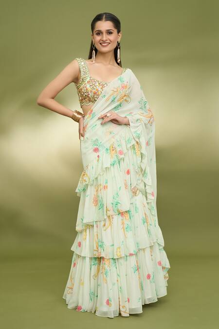Foram Patel Green Georgette, Net Mirrors, Printed Ruffle Pre-draped Saree With Blouse at Aza Fashions Foram Patel_Green Georgette, Net Mirrors, Printed Ruffle Pre-draped Saree With Blouse_at_Aza_Fashions