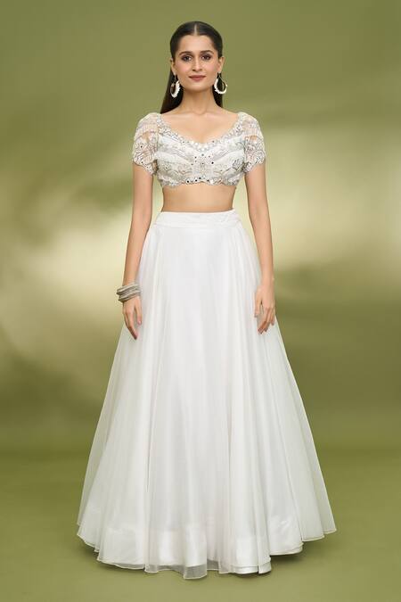 Foram Patel_White Organza, Net Mirrors Sweetheart Neck Embroidered Blouse Lehenga Set_Online_at_Aza_Fashions
