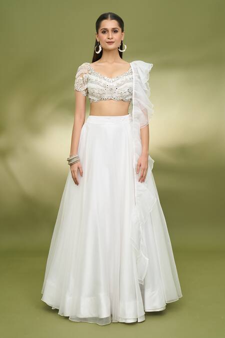 Buy_Foram Patel_White Organza, Net Mirrors Sweetheart Neck Embroidered Blouse Lehenga Set_Online_at_Aza_Fashions