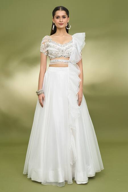 Shop_Foram Patel_White Organza, Net Mirrors Sweetheart Neck Embroidered Blouse Lehenga Set_Online_at_Aza_Fashions