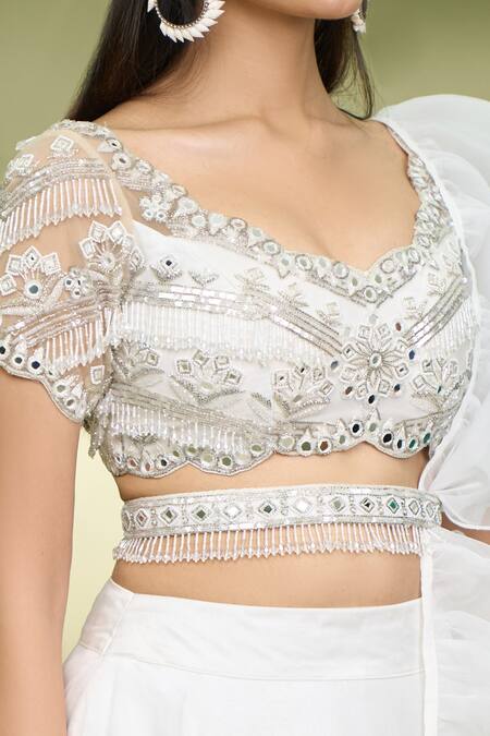 Foram Patel_White Organza, Net Mirrors Sweetheart Neck Embroidered Blouse Lehenga Set_at_Aza_Fashions