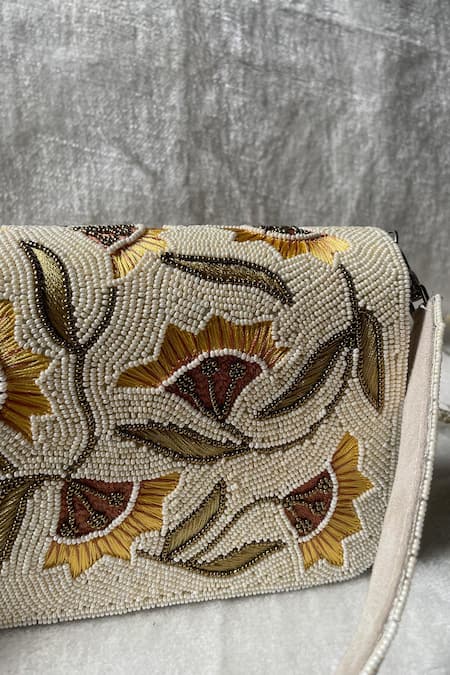 Kreivo By Vamanshi Damania White Embellished Silk Bead Bucket Bag Online at Aza Fashions Kreivo By Vamanshi Damania_White Embellished Silk Bead Bucket Bag_Online_at_Aza_Fashions