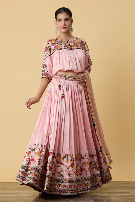 SHRADDHA RAMBHIA Pink Slub Silk Embroidered Thread Round Blossom Lehenga Set 