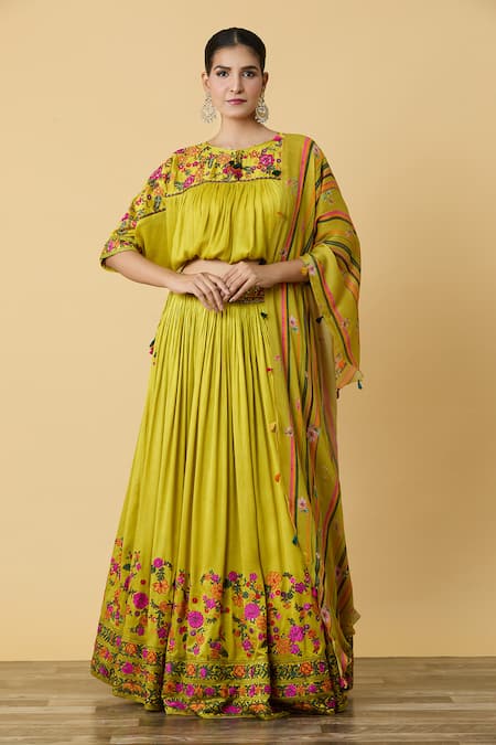 SHRADDHA RAMBHIA Yellow Slub Silk Embroidered Thread Round Blossom Lehenga Set 