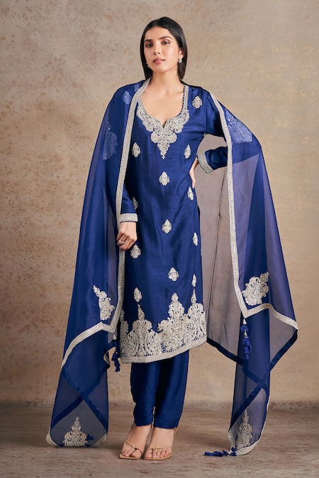 Stotram Silk Zardozi Embroidered Kurta Pant Set 