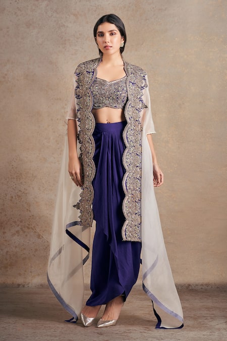 Stotram Purple Blouse And Skirt Pure Silk Embroidered Dori Cape Open Asymmetric Set