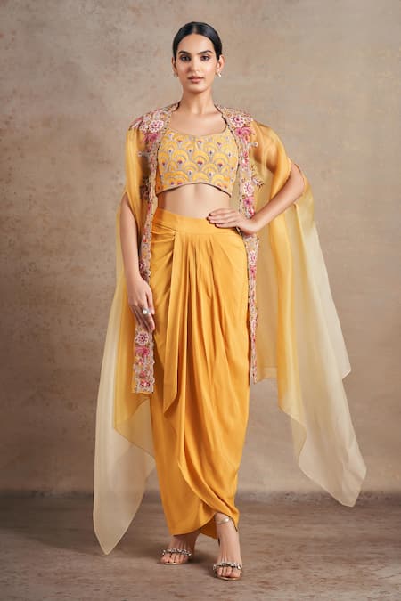 Stotram Yellow Blouse And Skirt Pure Silk Embroidered Resham Ombre Floral Dori Set