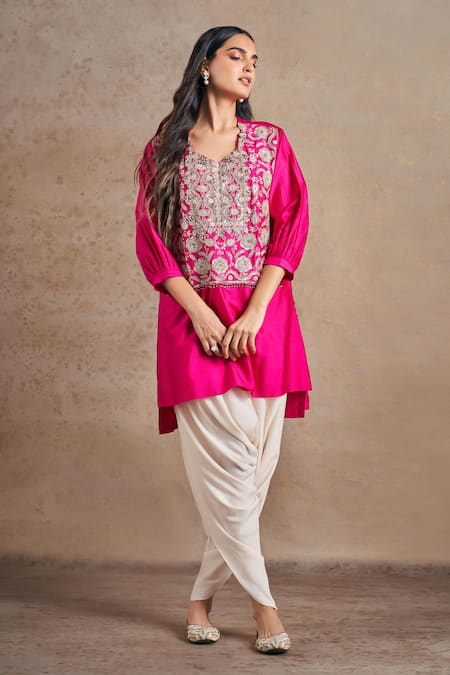 Stotram Silk Embroidered High-Low Kurta With Tulip Pant 