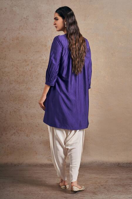 Shop Stotram Purple Kurta Pure Silk Embroidered Dori Paisley High-low With Tulip Pant at Aza Fashions Shop_Stotram_Purple Kurta Pure Silk Embroidered Dori Paisley High-low With Tulip Pant_at_Aza_Fashions