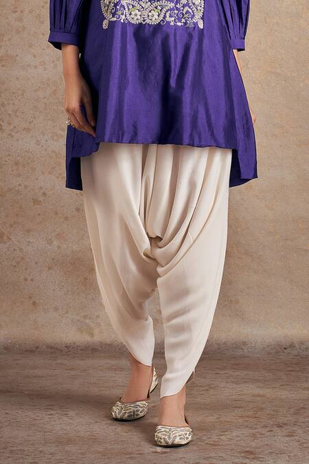 Stotram Purple Kurta Pure Silk Embroidered Dori Paisley High-low With Tulip Pant Online at Aza Fashions Stotram_Purple Kurta Pure Silk Embroidered Dori Paisley High-low With Tulip Pant_Online_at_Aza_Fashions