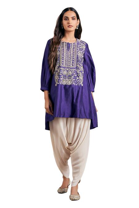 Buy Stotram Purple Kurta Pure Silk Embroidered Dori Paisley High-low With Tulip Pant Online at Aza Fashions Buy_Stotram_Purple Kurta Pure Silk Embroidered Dori Paisley High-low With Tulip Pant_Online_at_Aza_Fashions