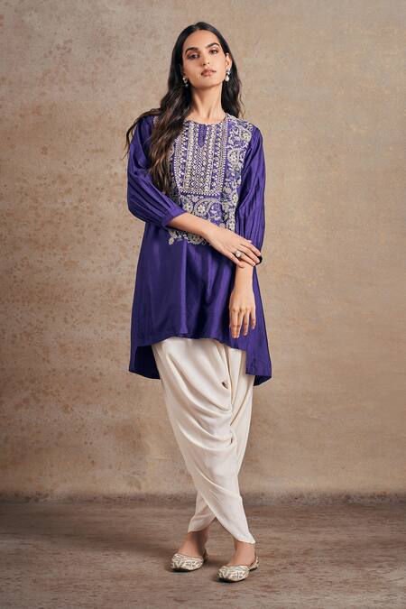 Stotram Purple Kurta Pure Silk Embroidered Dori Paisley High-low With Tulip Pant at Aza Fashions Stotram_Purple Kurta Pure Silk Embroidered Dori Paisley High-low With Tulip Pant_at_Aza_Fashions