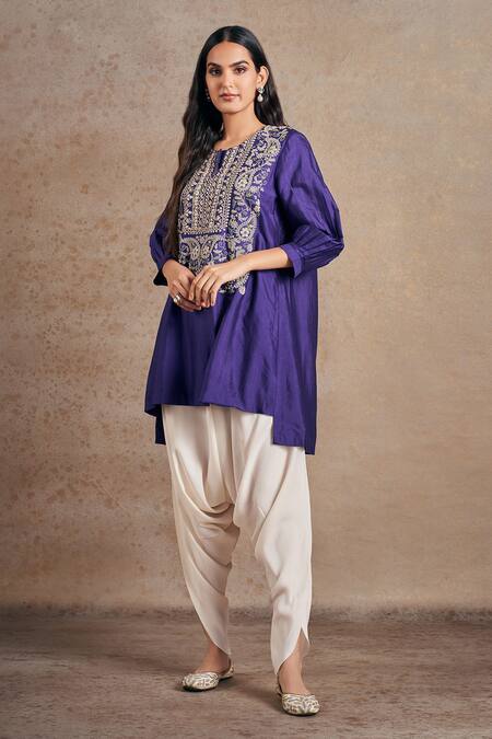 Buy Stotram Purple Kurta Pure Silk Embroidered Dori Paisley High-low With Tulip Pant Buy_Stotram_Purple Kurta Pure Silk Embroidered Dori Paisley High-low With Tulip Pant