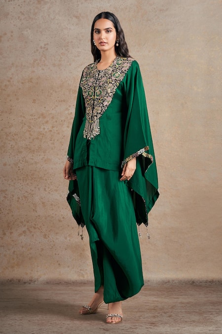 Stotram_Emerald Green Pure Silk Embroidered Dori Blossom Short Kaftan With Draped Skirt_Online_at_Aza_Fashions