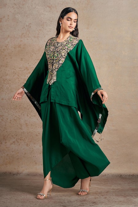 Buy_Stotram_Emerald Green Pure Silk Embroidered Dori Blossom Short Kaftan With Draped Skirt_Online_at_Aza_Fashions