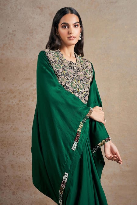 Shop_Stotram_Emerald Green Pure Silk Embroidered Dori Blossom Short Kaftan With Draped Skirt_Online_at_Aza_Fashions
