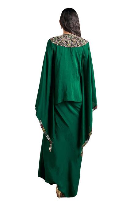 Stotram_Emerald Green Pure Silk Embroidered Dori Blossom Short Kaftan With Draped Skirt_at_Aza_Fashions