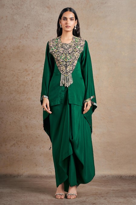 Buy_Stotram_Emerald Green Pure Silk Embroidered Dori Blossom Short Kaftan With Draped Skirt
