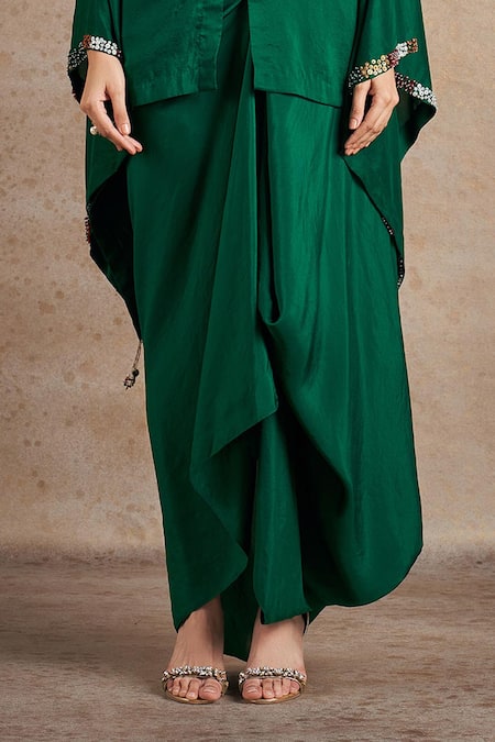 Shop_Stotram_Emerald Green Pure Silk Embroidered Dori Blossom Short Kaftan With Draped Skirt