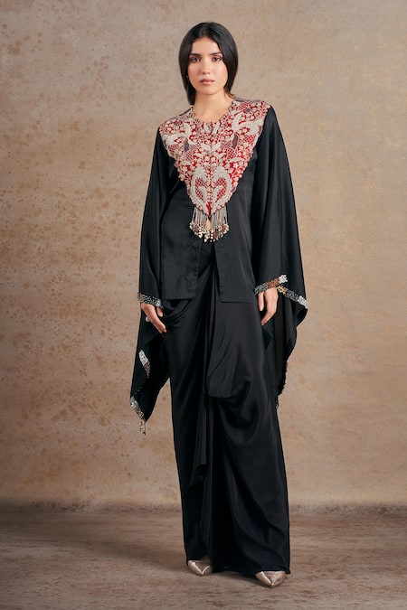Buy Black Pure Silk Embroidered Foliage Short Kaftan With Draped Skirt ...