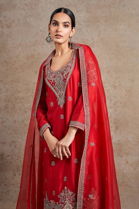 Buy_Stotram_Red Kurta And Pant Pure Silk Embroidered Sequin Round Thread & Handwork Set_Online_at_Aza_Fashions