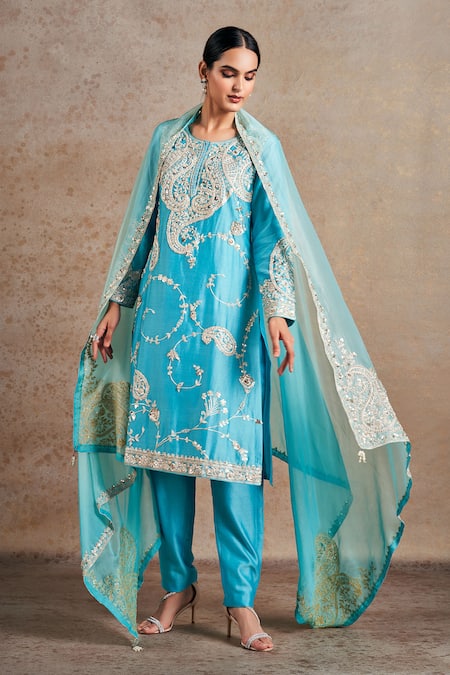 Stotram Blue Kurta And Pant Pure Silk Embroidered Sequin Round Paisley Set 