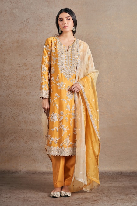 Stotram Yellow Kurta And Pant Pure Silk Embroidered Sequin Notched Floral Handwork Set