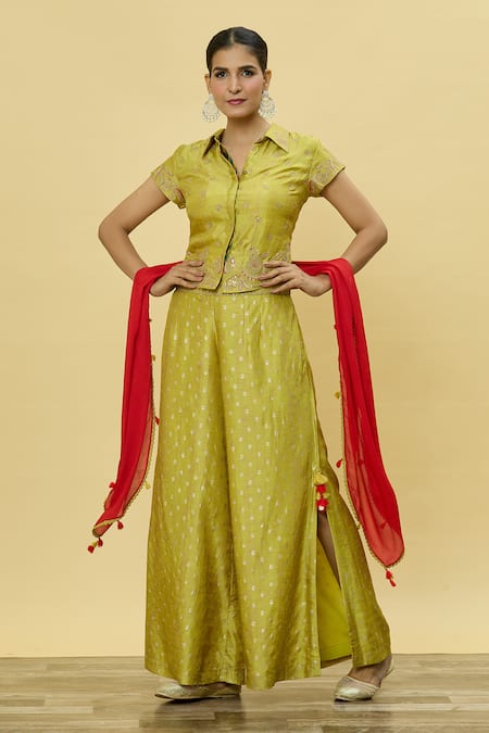 SHRADDHA RAMBHIA Yellow Slub Silk Embroidered Floral Shirt Marodi Flared Pant Set 