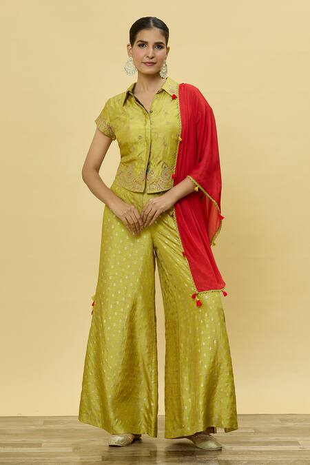Shraddha Rambhia_Yellow , Satin Sequins, Embroidery, Marodi Shirt Flared Pant Set_Online_at_Aza_Fashions
