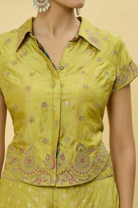 Shop_Shraddha Rambhia_Yellow , Satin Sequins, Embroidery, Marodi Shirt Flared Pant Set_Online_at_Aza_Fashions