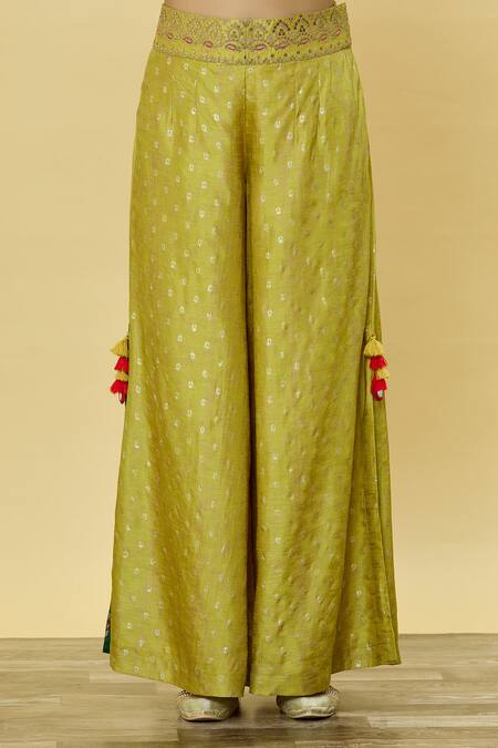 Shraddha Rambhia_Yellow , Satin Sequins, Embroidery, Marodi Shirt Flared Pant Set_at_Aza_Fashions