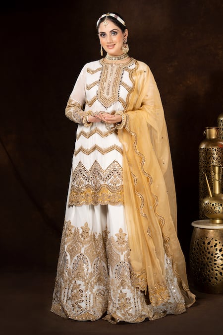 Sidhaarth & Disha Ivory Kurta And Sharara Georgette Embroidery Dori Chevron Zari Gullista Set