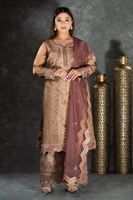 Sidhaarth & Disha Gold Kurta And Palazzo Crush Silk Embroidery Dori Chevron Taj Set 