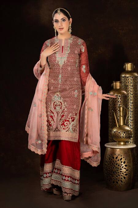 Sidhaarth & Disha Red Organza Embroidery Dori High Notched Round Damask Jaal Kurta Palazzo Set