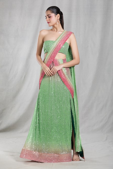 Naintara Bajaj Multi Color Cotton-poly Embroidered Sequin Ombre Pre-draped Saree With Blouse