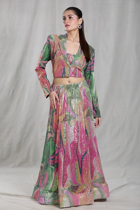Naintara Bajaj Multi Color Cotton-poly Digital Printed Abstract Pattern Notched Sequin Jacket