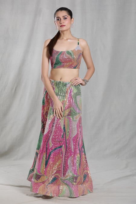 Samyukta Singhania Abstract Print Sequin Skirt & Blouse Set 