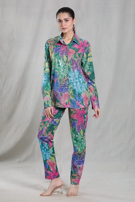 Naintara Bajaj Multi Color Cotton-poly Digital Printed Abstract Floral Shirt And Pant Co-ord Set
