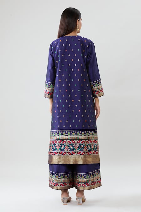 Shop Peenacolada Blue Silk Embroidery, Sequins Split V-neck Geometric Pattern Kurta Pant Set at Aza Fashions Shop_Peenacolada_Blue Silk Embroidery, Sequins Split V-neck Geometric Pattern Kurta Pant Set _at_Aza_Fashions