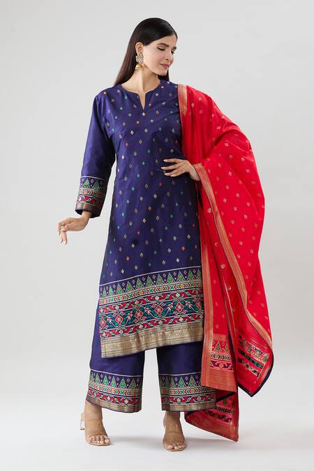 Buy Peenacolada Blue Silk Embroidery, Sequins Split V-neck Geometric Pattern Kurta Pant Set Online at Aza Fashions Buy_Peenacolada_Blue Silk Embroidery, Sequins Split V-neck Geometric Pattern Kurta Pant Set _Online_at_Aza_Fashions