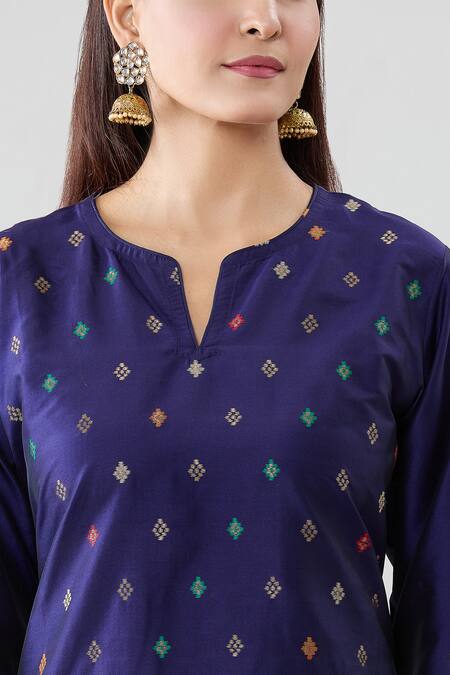 Shop Peenacolada Blue Silk Embroidery, Sequins Split V-neck Geometric Pattern Kurta Pant Set Online at Aza Fashions Shop_Peenacolada_Blue Silk Embroidery, Sequins Split V-neck Geometric Pattern Kurta Pant Set _Online_at_Aza_Fashions