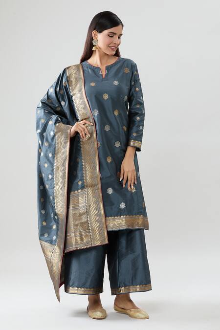 Buy_Peenacolada_Grey Silk Embroidery Split V-neck Floral Pattern Kurta Pant Set _Online_at_Aza_Fashions