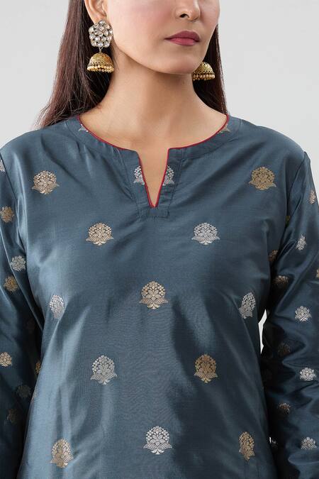 Shop_Peenacolada_Grey Silk Embroidery Split V-neck Floral Pattern Kurta Pant Set _Online_at_Aza_Fashions