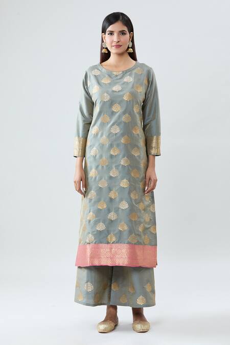 Peenacolada Grey Silk Embroidery, Zari, Sequins Round Neck Floral Pattern Kurta Pant Set Online at Aza Fashions Peenacolada_Grey Silk Embroidery, Zari, Sequins Round Neck Floral Pattern Kurta Pant Set _Online_at_Aza_Fashions