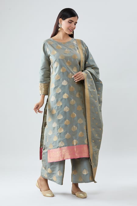 Buy Peenacolada Grey Silk Embroidery, Zari, Sequins Round Neck Floral Pattern Kurta Pant Set Online at Aza Fashions Buy_Peenacolada_Grey Silk Embroidery, Zari, Sequins Round Neck Floral Pattern Kurta Pant Set _Online_at_Aza_Fashions