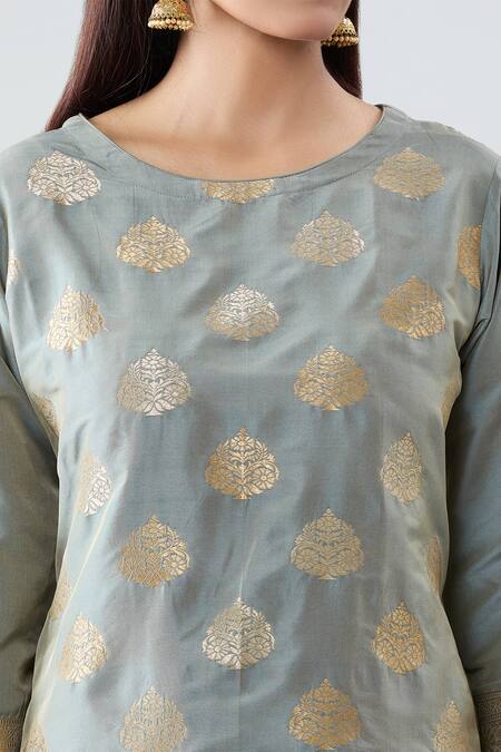 Shop Peenacolada Grey Silk Embroidery, Zari, Sequins Round Neck Floral Pattern Kurta Pant Set Online at Aza Fashions Shop_Peenacolada_Grey Silk Embroidery, Zari, Sequins Round Neck Floral Pattern Kurta Pant Set _Online_at_Aza_Fashions