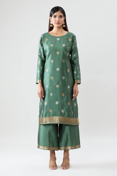 Peenacolada_Green Silk Embroidery Round Neck Floral Pattern Kurta Set _Online_at_Aza_Fashions